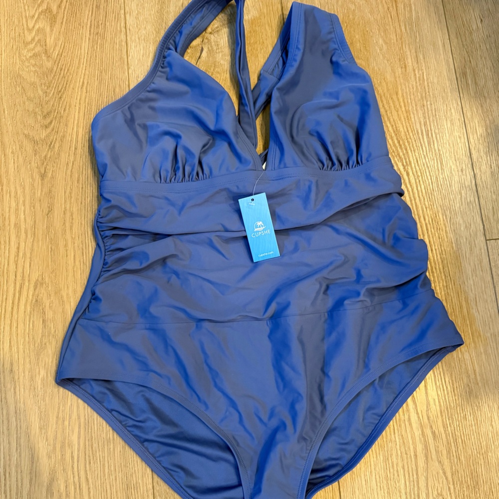 NWT Plus size 2X one piece slate blue halter‎ top, big bowtie in the back.